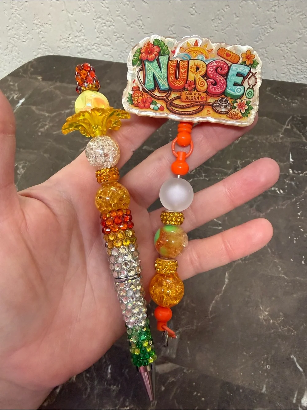 Aloha Nurse Floral Rhinestone Beaded Pen and Matching Badge Reel Set Handmade
